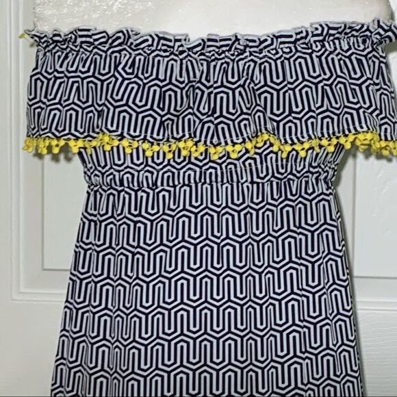 Mud Pie Maxi Dress Blue White Pattern Yellow Tassels Strapless Flowy Dress Small - Picture 6 of 12